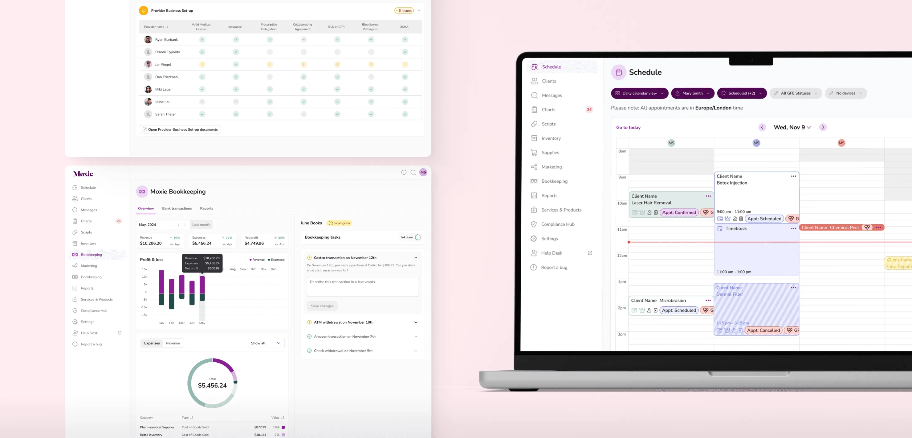Moxie product collage with provider setup, bookkeeping dashboard, and calendar views