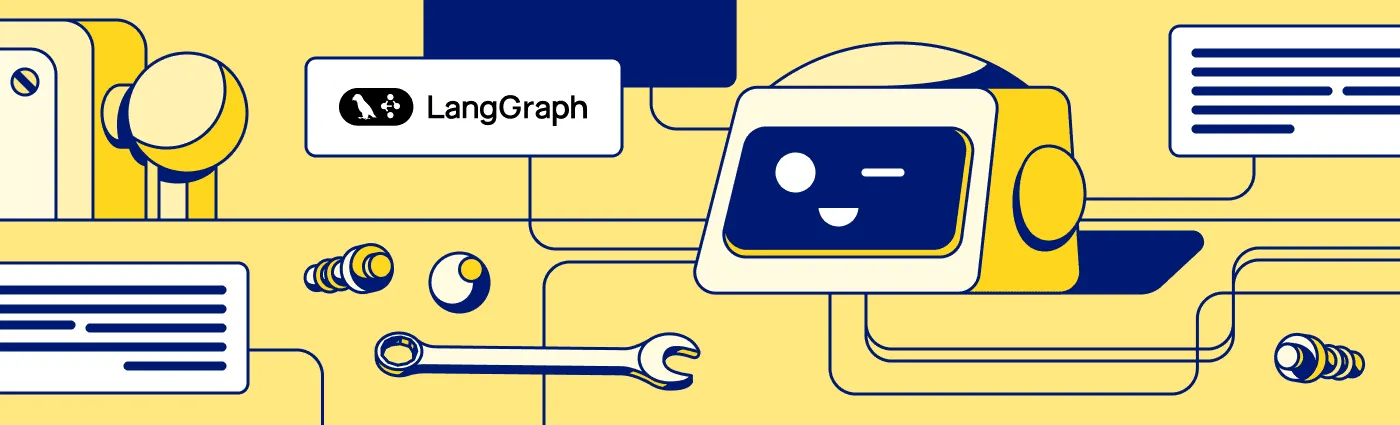 LangGraph logo beside a smiling chatbot connected to interface panels and tools