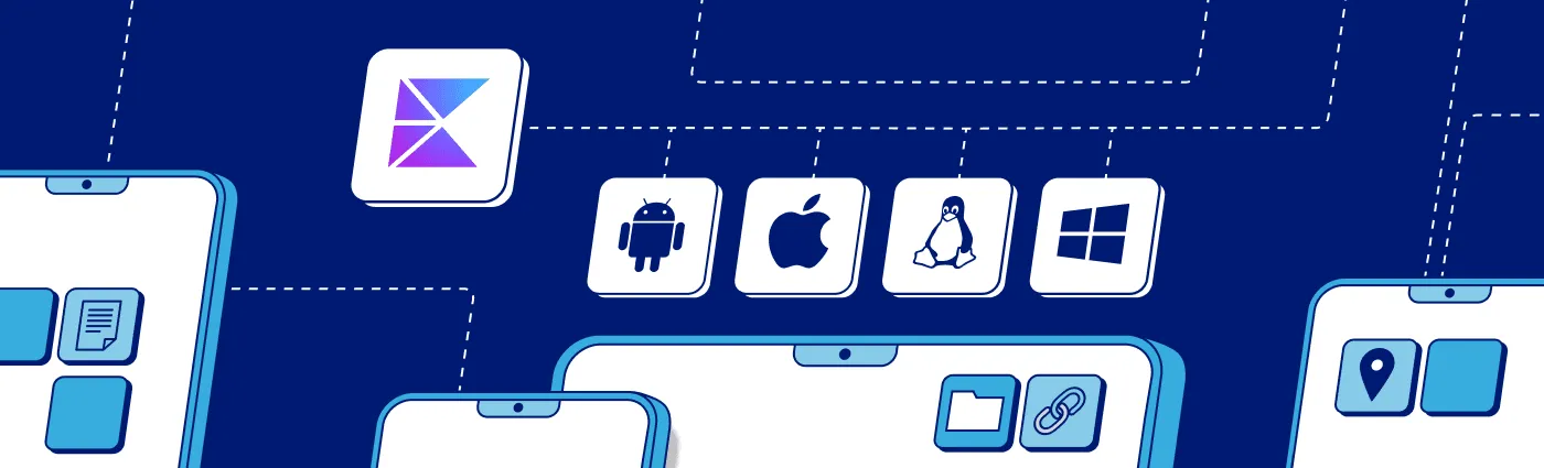 Kotlin Multiplatform logo above Android, Apple, Linux, and Windows icons with mobile app screens